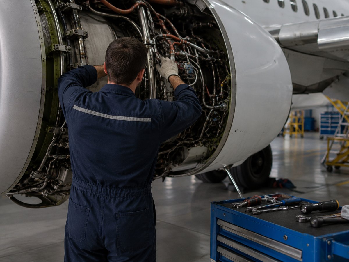 Aircraft maintenance technician servicing a jet engine in a hangar