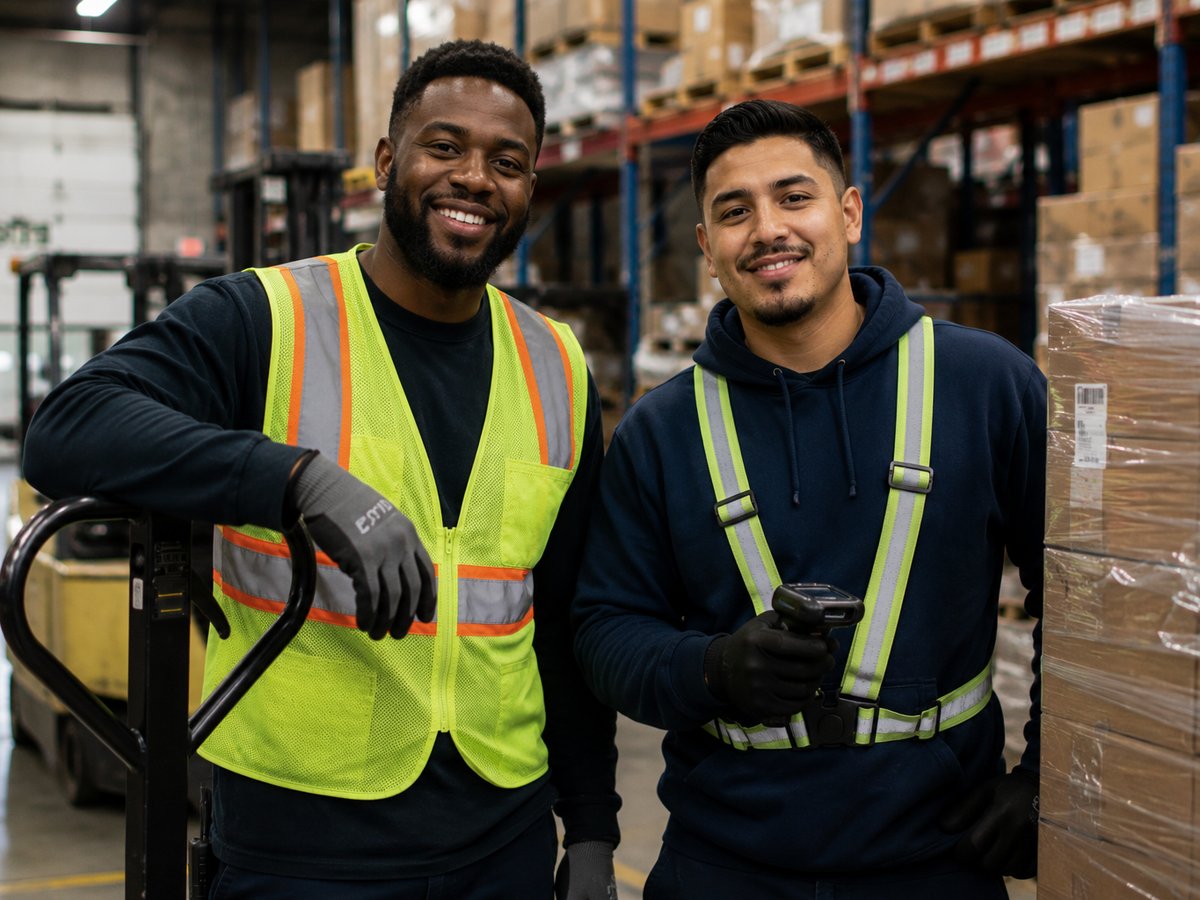 Two smiling warehouse workers in safety vests standing together on the floor