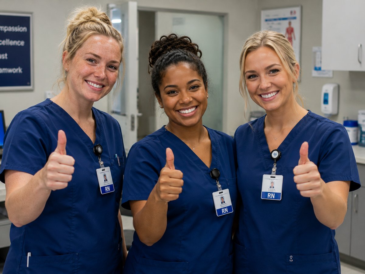 Three smiling RNs giving thumbs up in a clinical setting